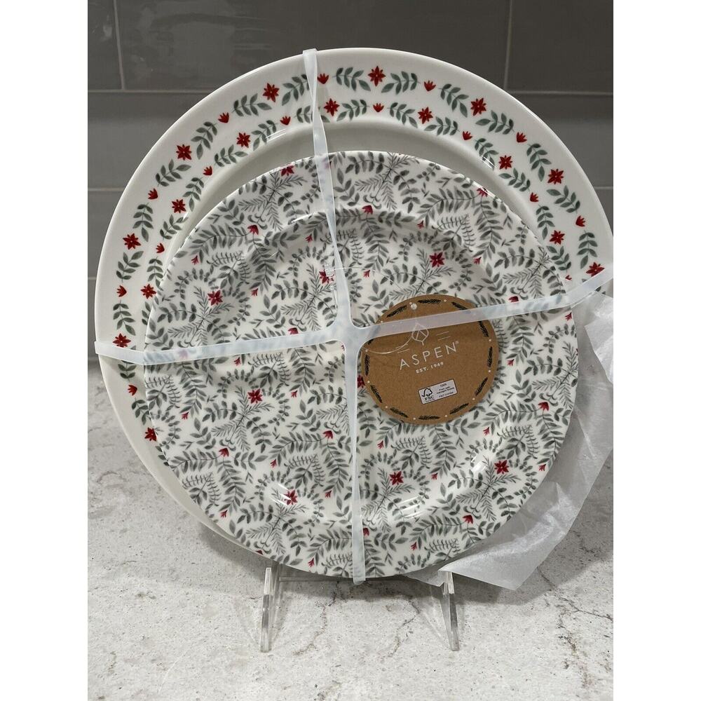 Set 8 Aspen POINSETTIA Holly Dinner (4) and Salad (4) Plates Melamine CHRISTMAS